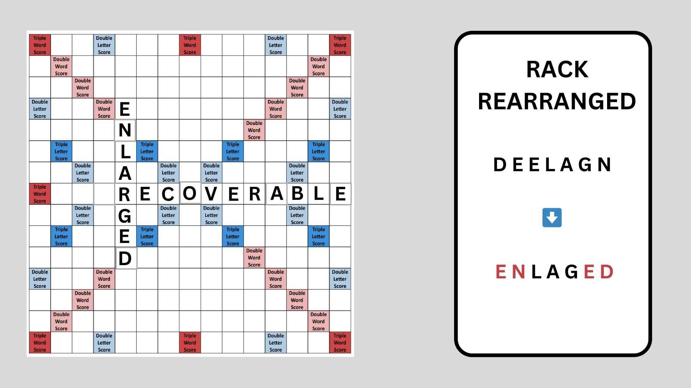 Rack with letters DEELAGN, showing how rearranging to EN + LAG + ED leads to the BINGO
