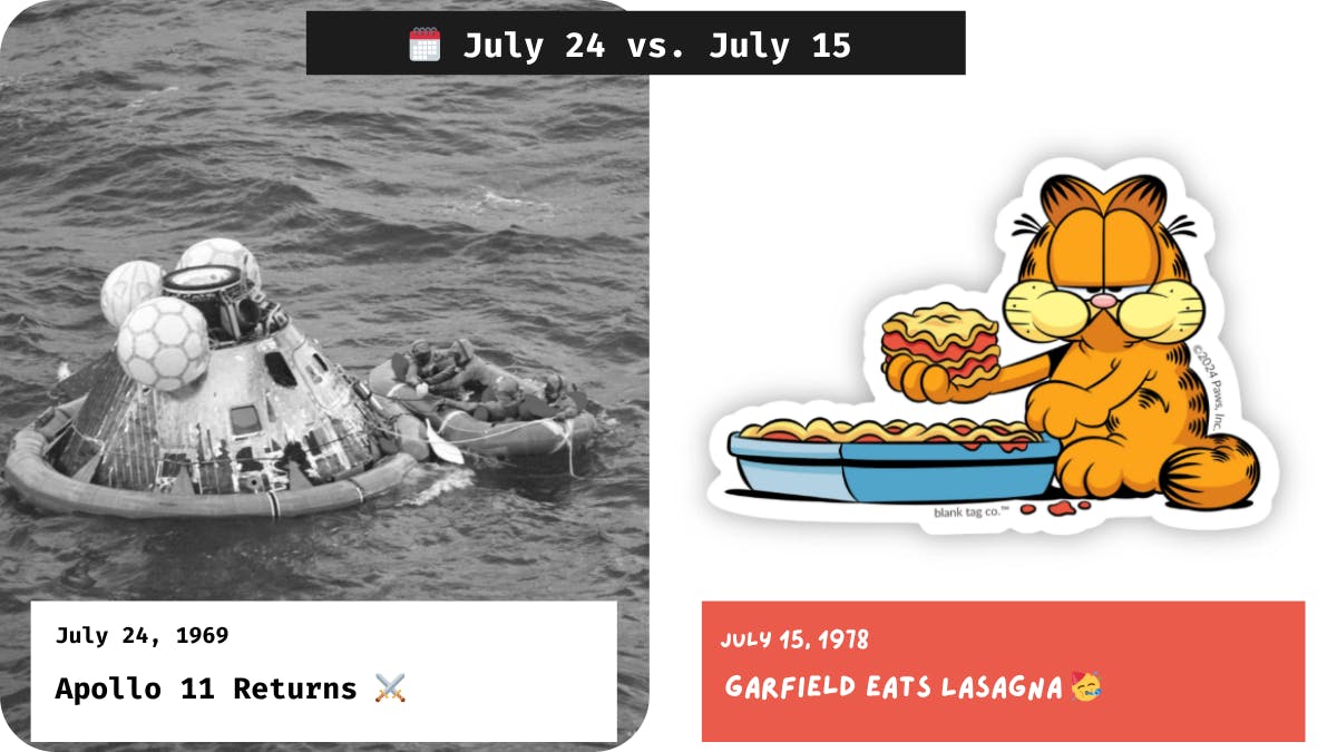 Apollo 11 Returns vs. Garfield Eats Lasagna