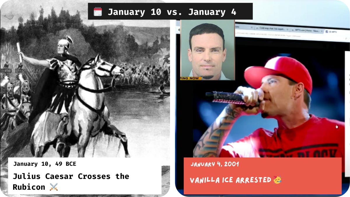 Julius Caesar Crosses the Rubicon vs. Vanilla Ice Arrested in Florida