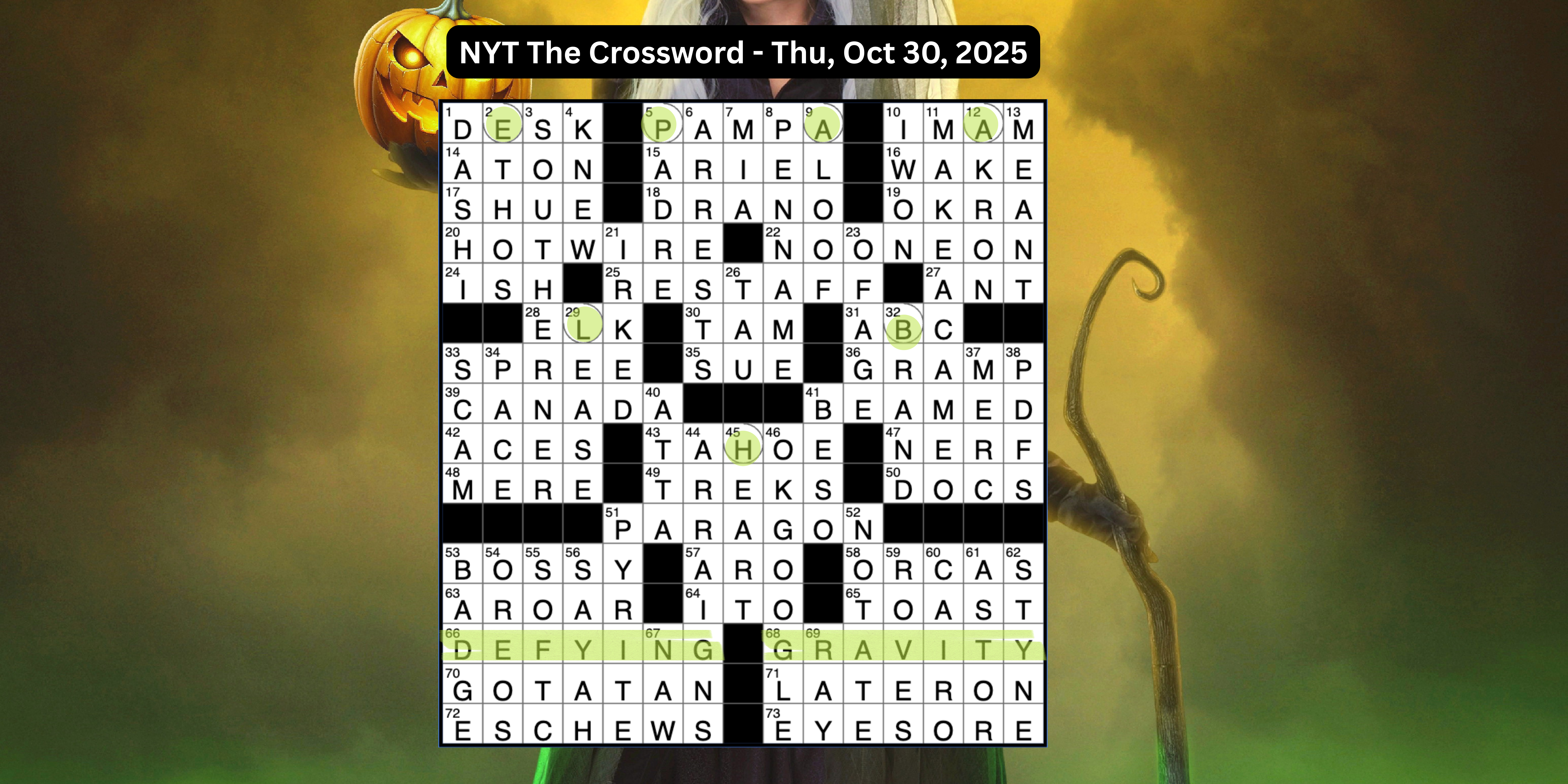 The Wicked-themed NYT Crossword from October 30, 2025, featuring Elphaba and the phrase “Defying Gravity."