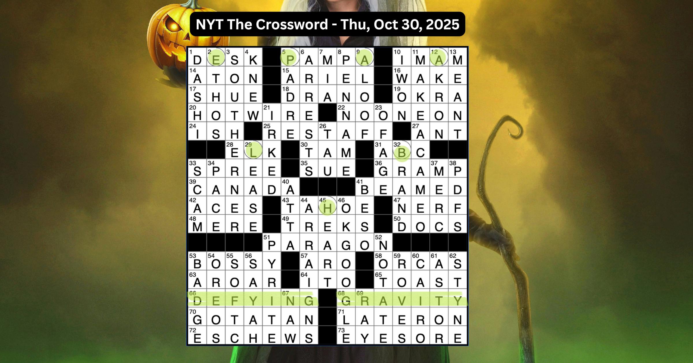 The Wicked-themed NYT Crossword from October 30, 2025, featuring Elphaba and the phrase “Defying Gravity."