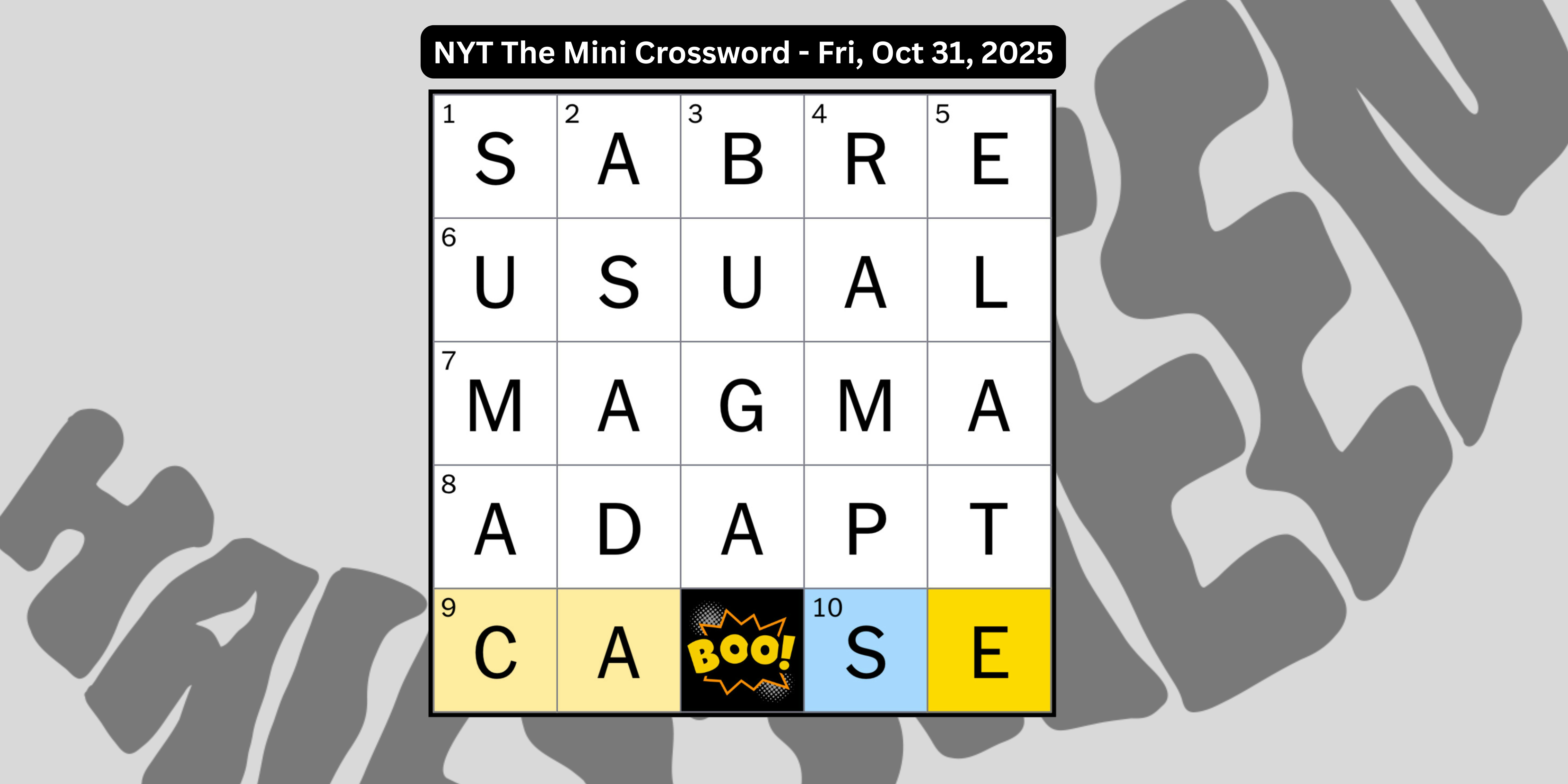 The Halloween NYT Mini Crossword from October 31, 2025, featuring a hidden “BOO”