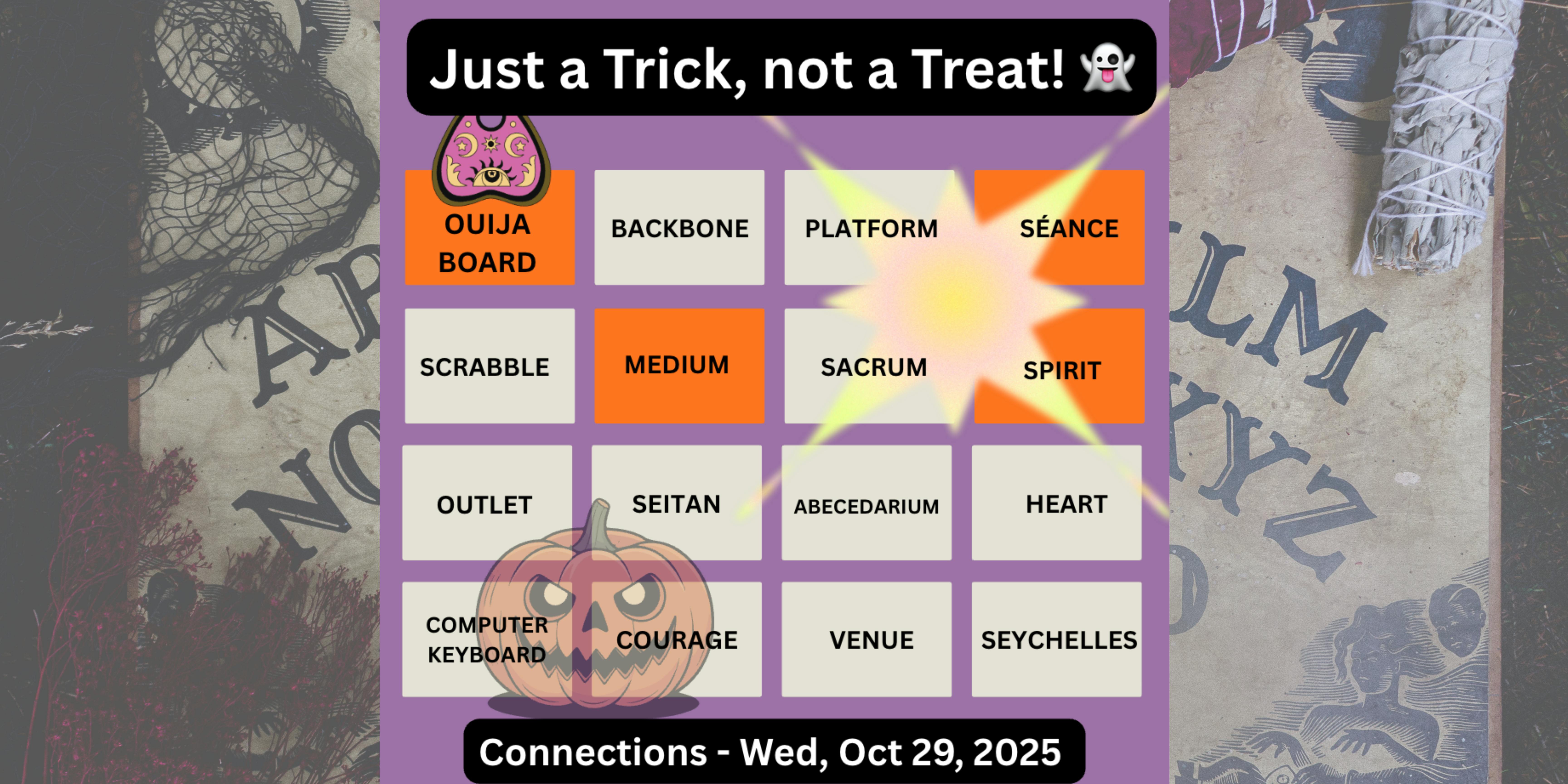 The October 29, 2025, NYT Connections puzzle featuring a Halloween-style red herring.